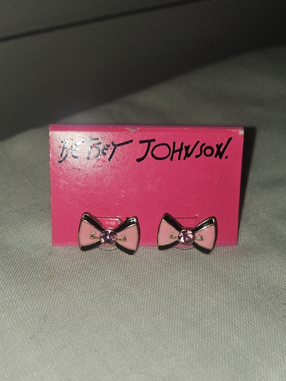 Betsey Johnson Pink Bow Earrings with Pink Rhinestones - Picture 2 of 3